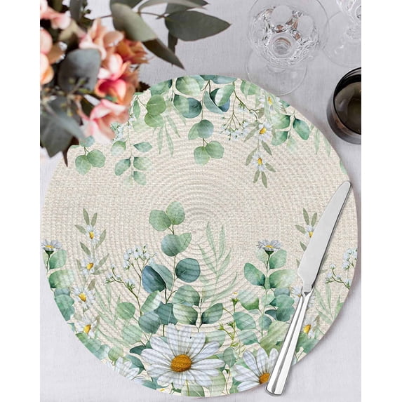 13 Inch Round Placemats Set of 6, Green Eucalyptus Leaves Non Slip Heat Insulation PP Table Mats, Daisy Summer Botanical Watercolor Washable Place Mats for Kitchen Dining Party Table Decor