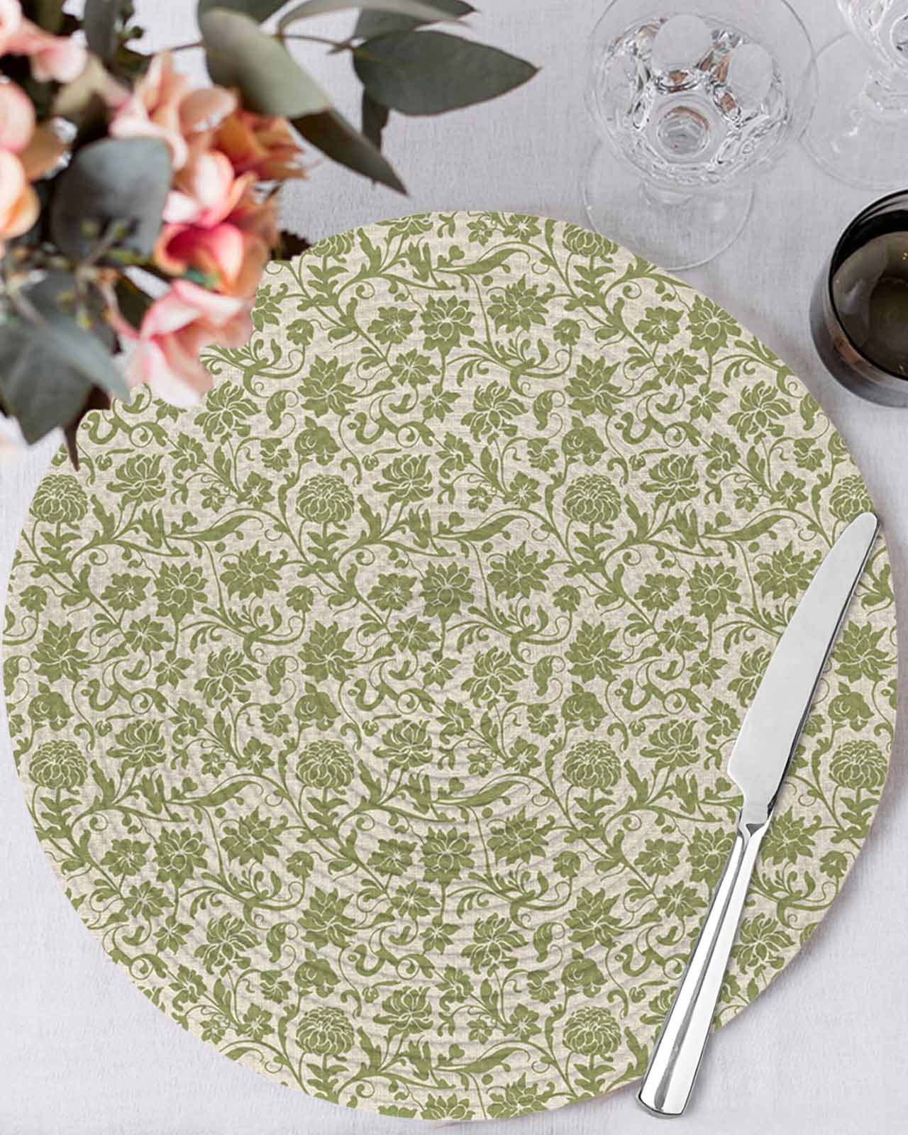 13 Inch Round Placemats Set of 6, Green Floral Non Slip Heat Insulation PP Table Mats, Vintage Rustic Botanical Spring Washable Place Mats for Kitchen Dining Party Table Decor