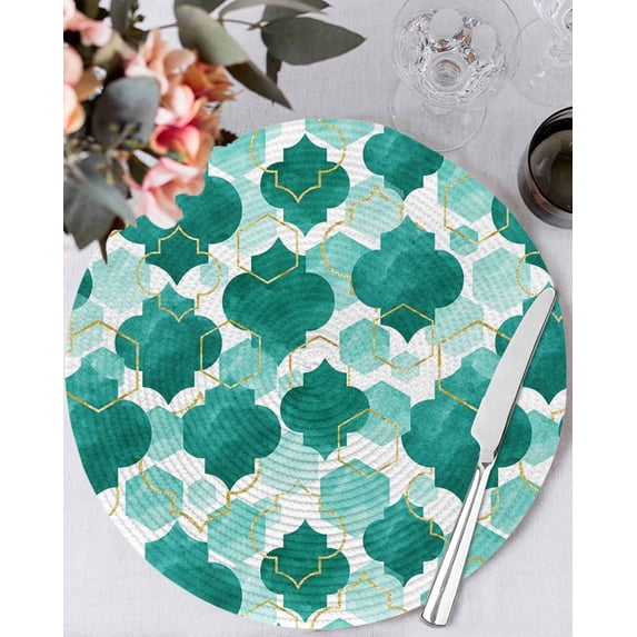 13 Inch Round Placemats Set of 6, Green Geometric Moroccan Non Slip Heat Insulation PP Table Mats, Abstract Art Teal Ombre Modern Washable Place Mats for Kitchen Dining Party Table Decor