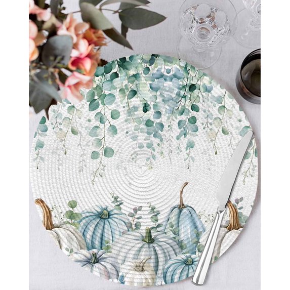 13 Inch Round Placemats Set of 6, Green Grey Pumpkins Fall Non Slip Heat Insulation PP Table Mats, Thanksgiving Eucalyptus Leaves Washable Place Mats for Kitchen Dining Party Table Decor
