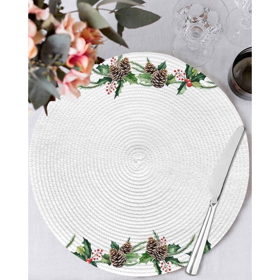 13 Inch Round Placemats Set of 6, Green Pine Cone Non Slip Heat Insulation PP Table Mats, Christmas Winter Plants Leaves Washable Place Mats for Kitchen Dining Party Table Decor