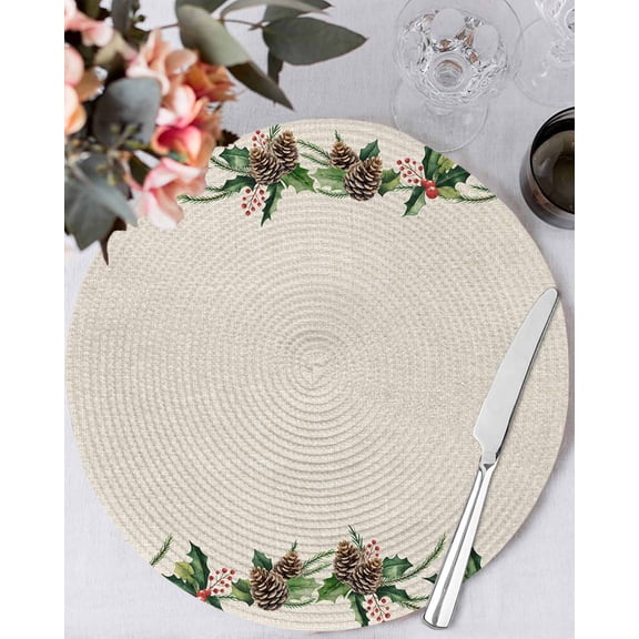 13 Inch Round Placemats Set of 6, Green Pine Cone Non Slip Heat Insulation PP Table Mats, Christmas Winter Plants Retro Beige Washable Place Mats for Kitchen Dining Party Table Decor