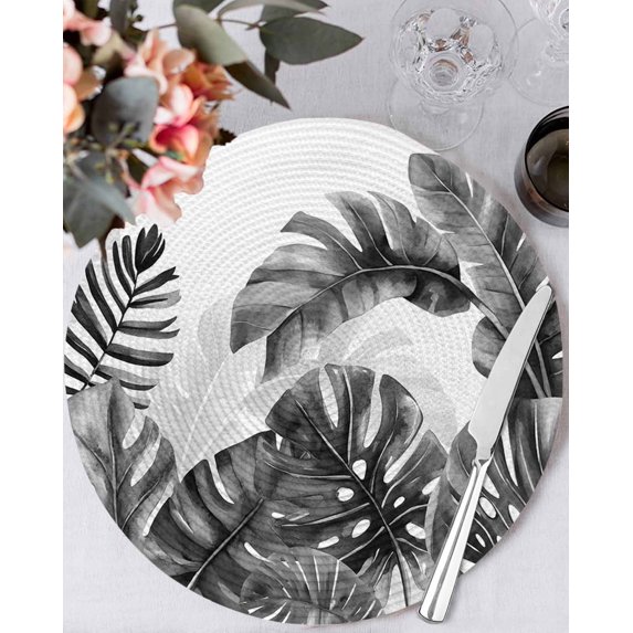 13 Inch Round Placemats Set of 6, Grey Black Leaves Non Slip Heat Insulation PP Table Mats, Summer Botanical Watercolor Leaf Washable Place Mats for Kitchen Dining Party Table Decor