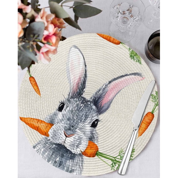 13 Inch Round Placemats Set of 6, Grey Bunny Easter Non Slip Heat Insulation PP Table Mats, Rabbits Spring Botanical Carrots Washable Place Mats for Kitchen Dining Party Table Decor