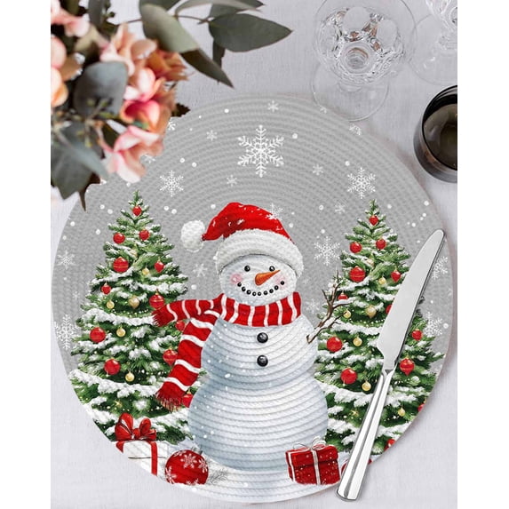 13 Inch Round Placemats Set of 6, Grey Christmas Non Slip Heat Insulation PP Table Mats, Snowman Snowflake Xmas Tree Gifts Washable Place Mats for Kitchen Dining Party Table Decor