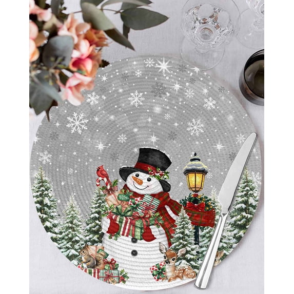13 Inch Round Placemats Set of 6, Grey Christmas Non Slip Heat Insulation PP Table Mats, Snowman Xmas Snowflake Botanical Tree Washable Place Mats for Kitchen Dining Party Table Decor
