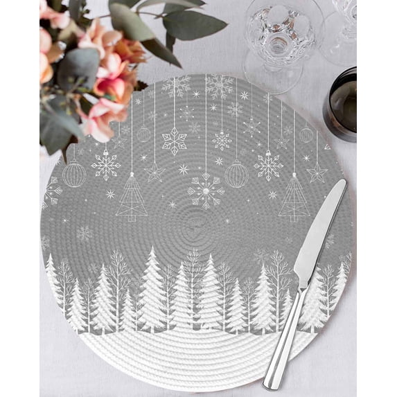 13 Inch Round Placemats Set of 6, Grey Christmas Non Slip Heat Insulation PP Table Mats, Vintage Farmhouse Pine Tree Snowflakes Washable Place Mats for Kitchen Dining Party Table Decor