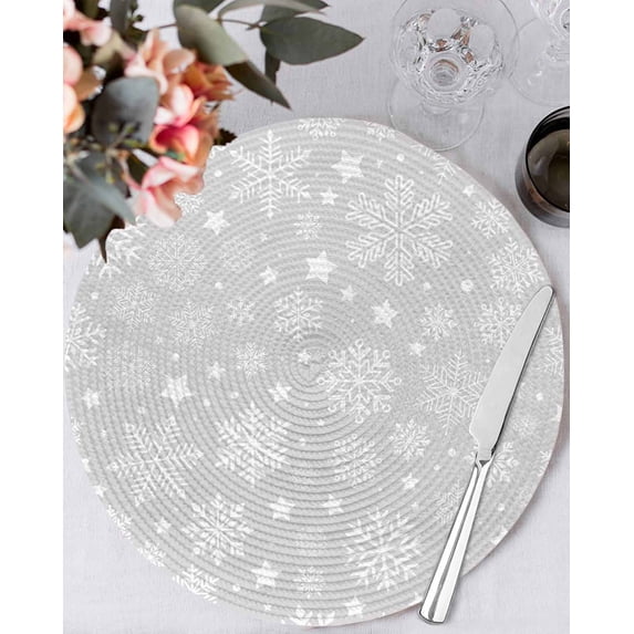 13 Inch Round Placemats Set of 6, Grey Christmas Snowflakes Non Slip Heat Insulation PP Table Mats, Xmas Winter Modern Washable Place Mats for Kitchen Dining Party Table Decor