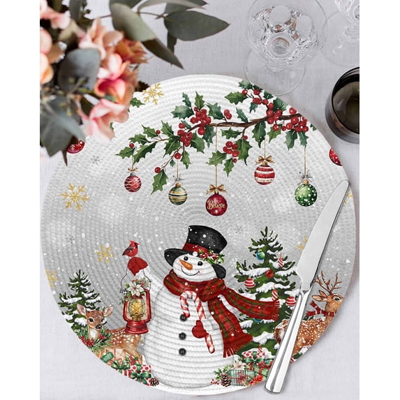 13 Inch Round Placemats Set of 6, Grey Christmas Snowman Non Slip Heat Insulation PP Table Mats, Xmas Snowflake Elk Tree Balls Washable Place Mats for Kitchen Dining Party Table Decor