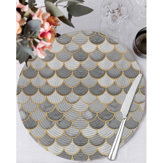 13 Inch Round Placemats Set of 6, Grey Fish Scale Non Slip Heat Insulation PP Table Mats, Modern Geometric Gold Abstract Moroccan Washable Place Mats for Kitchen Dining Party Table Decor
