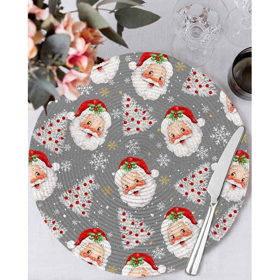 13 Inch Round Placemats Set of 6, Grey Red Christmas Non Slip Heat Insulation PP Table Mats, Santa Xmas Tree Snowflake Winter Washable Place Mats for Kitchen Dining Party Table Decor