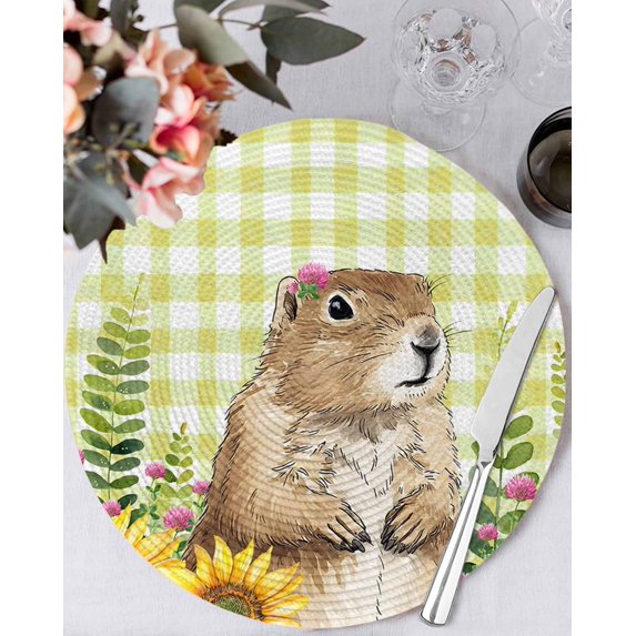 13 Inch Round Placemats Set of 6, Groundhog Day Non Slip Heat Insulation PP Table Mats, Yellow Plaid Sunflower Spring Floral Washable Place Mats for Kitchen Dining Party Table Decor