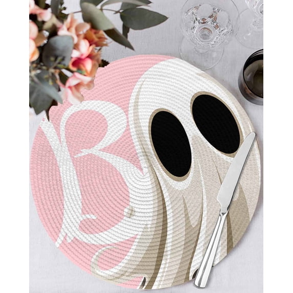 13 Inch Round Placemats Set of 6, Halloween Non Slip Heat Insulation PP Table Mats, Cartoon Funny Error Ghost Pink Washable Place Mats for Kitchen Dining Party Table Decor