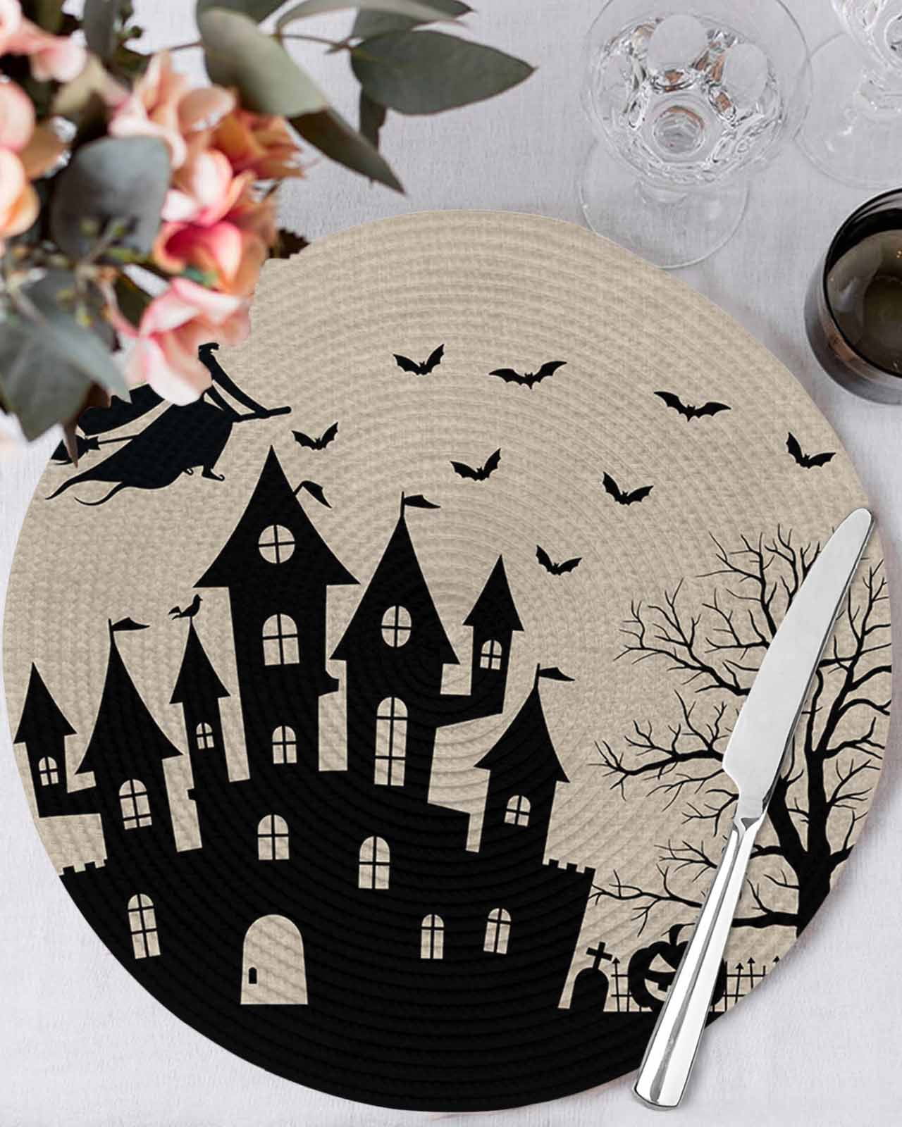 13 Inch Round Placemats Set of 6, Halloween Non Slip Heat Insulation PP ...