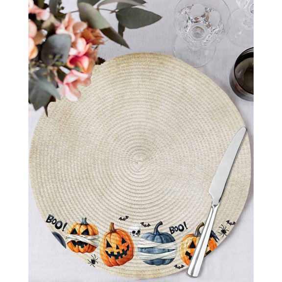 13 Inch Round Placemats Set of 6, Halloween Non Slip Heat Insulation PP Table Mats, Skeleton Pumpkin Trick Or Treat Bat Skull Washable Place Mats for Kitchen Dining Party Table Decor