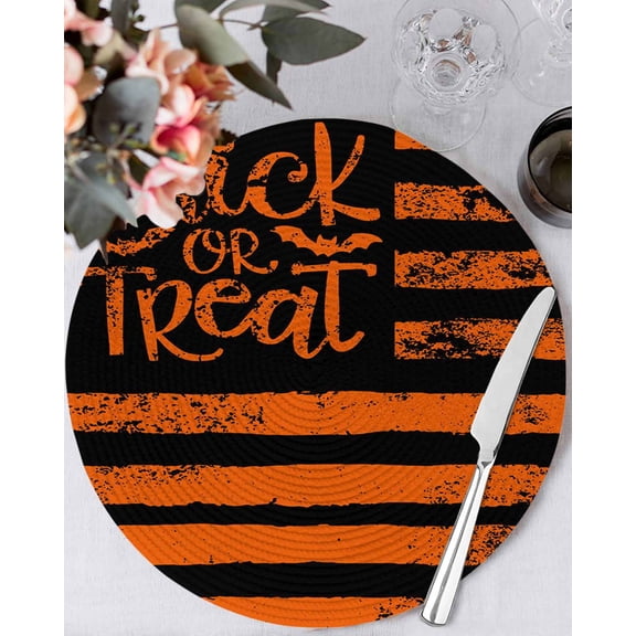 13 Inch Round Placemats Set of 6, Halloween Non Slip Heat Insulation PP Table Mats, Trick Or Treat Black Orange Striped Farmhouse Washable Place Mats for Kitchen Dining Party Table Decor