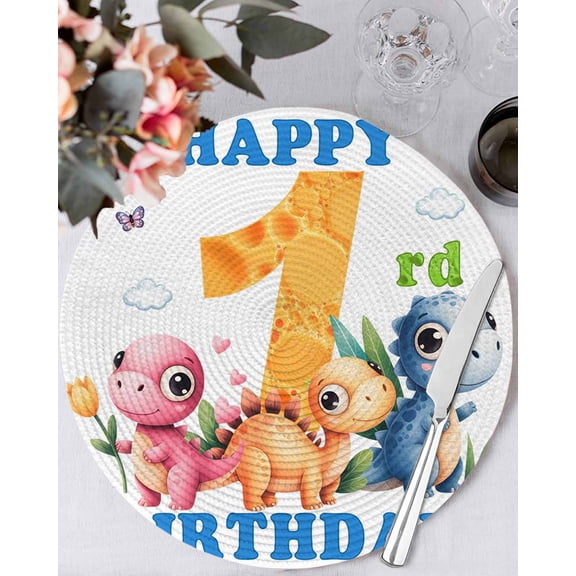 13 Inch Round Placemats Set of 6, Happy 1rd Birthday Non Slip Heat Insulation PP Table Mats, Cartoon Cute Pink Yellow Blue Dinosaurs Floral Washable Place Mats for Kitchen Dining Party Table Decor