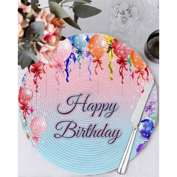 13 Inch Round Placemats Set of 6, Happy Birthday Non Slip Heat Insulation PP Table Mats, Colorful Balloons Bow Gradient Modern Blue Washable Place Mats for Kitchen Dining Party Table Decor