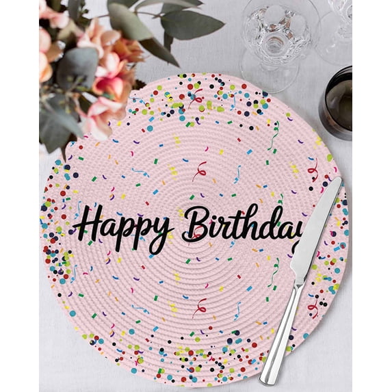 13 Inch Round Placemats Set of 6, Happy Birthday Non Slip Heat Insulation PP Table Mats, Pink Modern Abstract Art Washable Place Mats for Kitchen Dining Party Table Decor