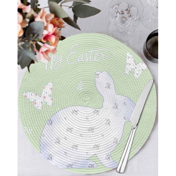 13 Inch Round Placemats Set of 6, Happy Easter Bunny Non Slip Heat Insulation PP Table Mats, Rabbit Butterfly Spring Flowers Green Washable Place Mats for Kitchen Dining Party Table Decor