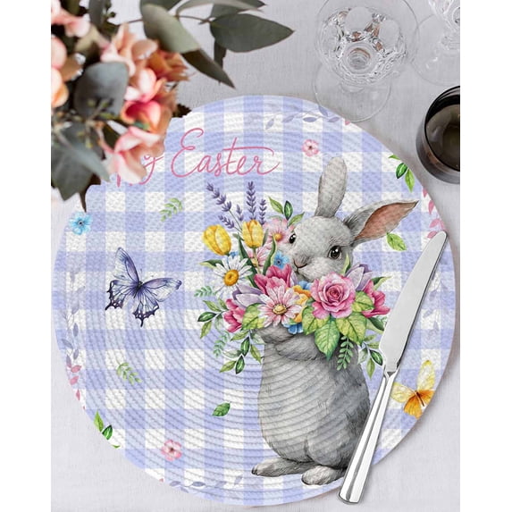 13 Inch Round Placemats Set of 6, Happy Easter Non Slip Heat Insulation PP Table Mats, Cute Bunny Spring Flowers Butterfly Purple Plaid Washable Place Mats for Kitchen Dining Party Table Decor