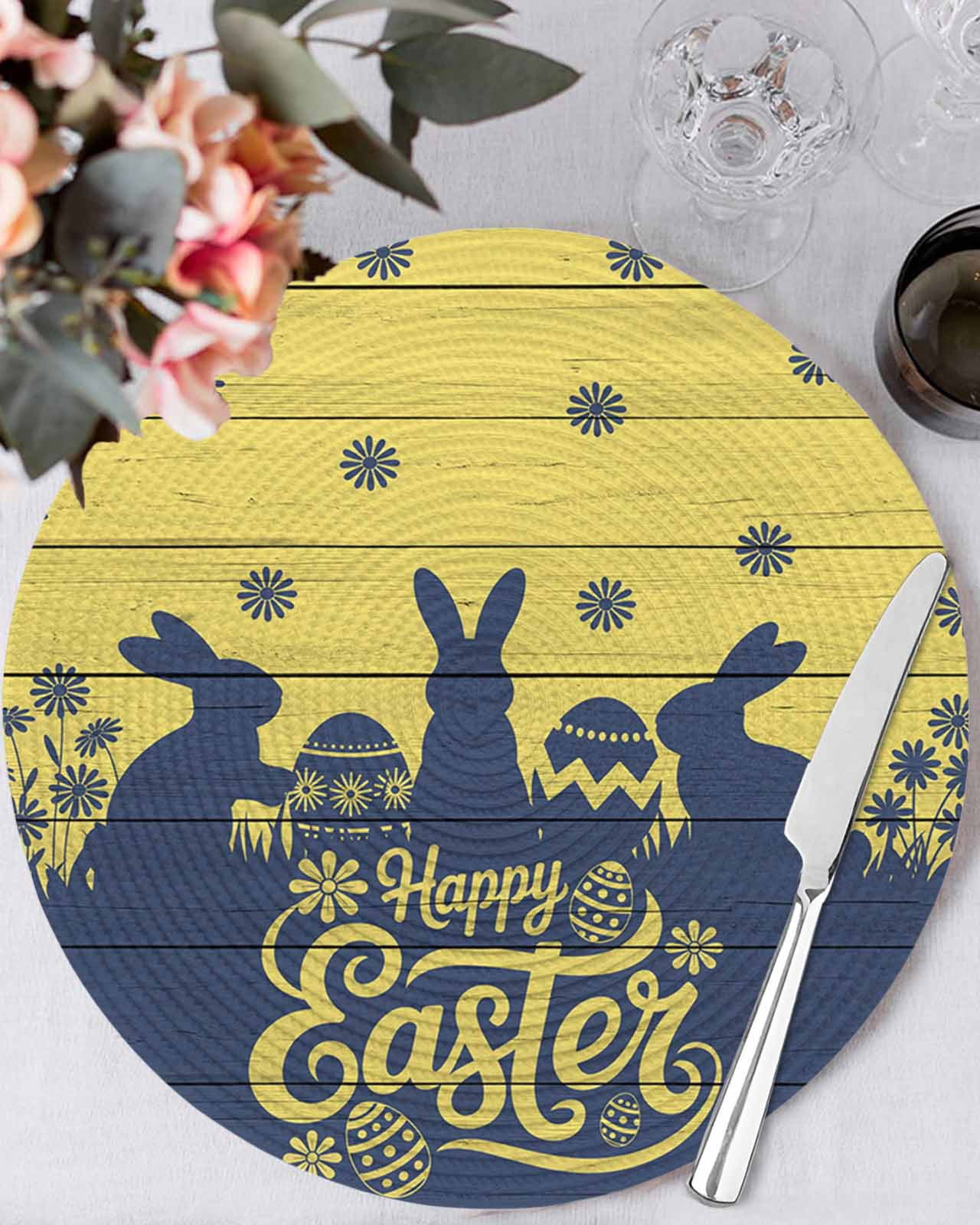 13 Inch Round Placemats Set of 6, Happy Easter Rabbits Non Slip Heat ...