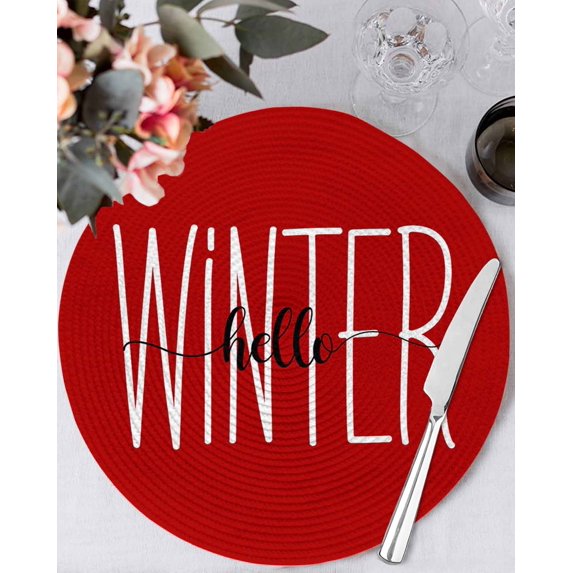 13 Inch Round Placemats Set of 6, Hello Winter Non Slip Heat Insulation PP Table Mats, Red Merry Christmas New Year Washable Place Mats for Kitchen Dining Party Table Decor