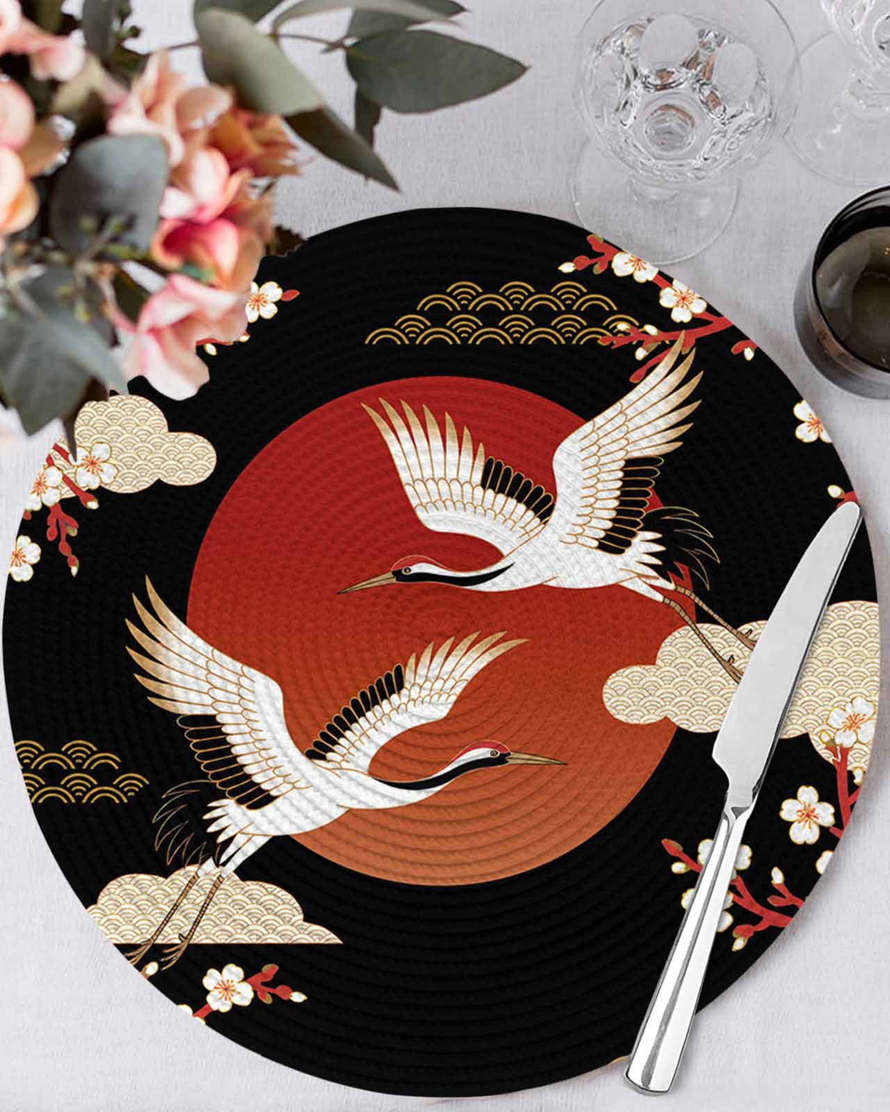 13 Inch Round Placemats Set of 6, Japanese Style Non Slip Heat ...
