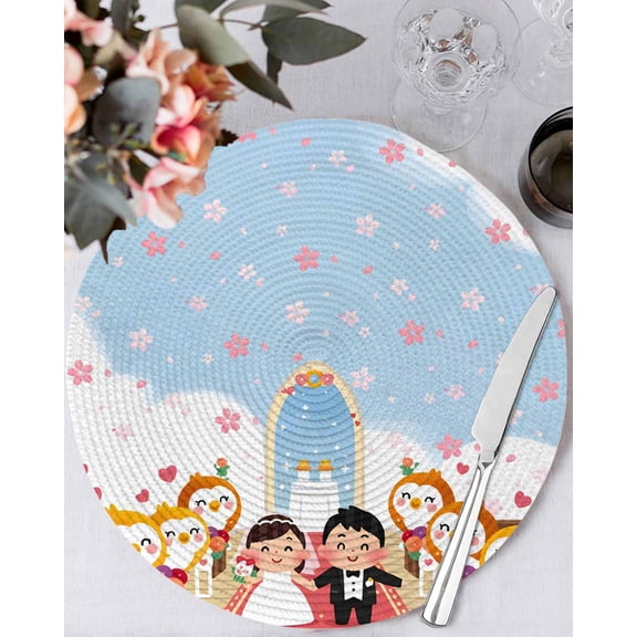 13 Inch Round Placemats Set of 6, Japanese Wedding Non Slip Heat Insulation PP Table Mats, Cute Owls Cherry Blossoms Blue Washable Place Mats for Kitchen Dining Party Table Decor