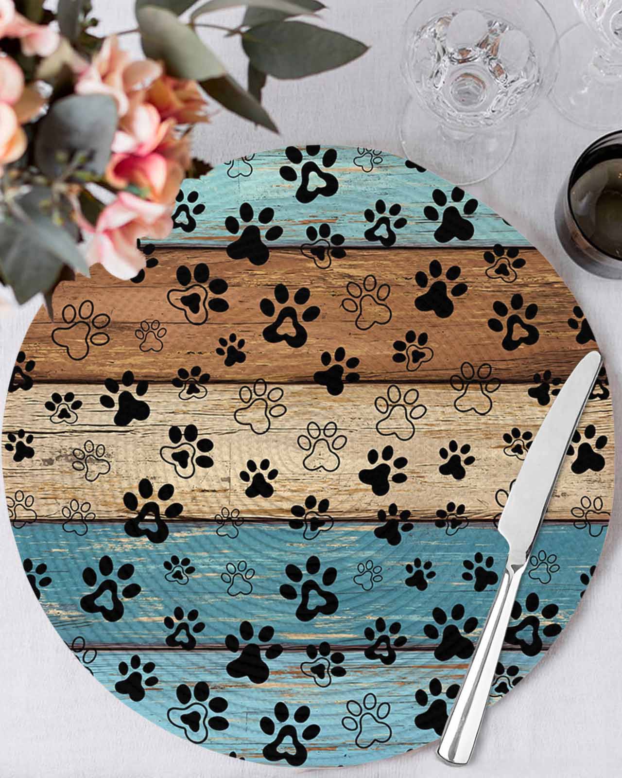 13 Inch Round Placemats Set of 6, Light Blue Brown Non Slip Heat ...