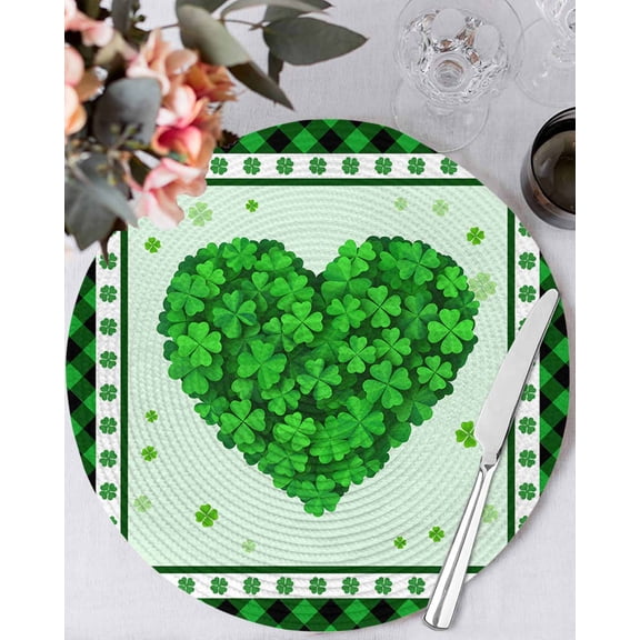 13 Inch Round Placemats Set of 6, Lucky Saint Patrick's Day Non Slip Heat Insulation PP Table Mats, Spring Green Grass Love Plaid Washable Place Mats for Kitchen Dining Party Table Decor
