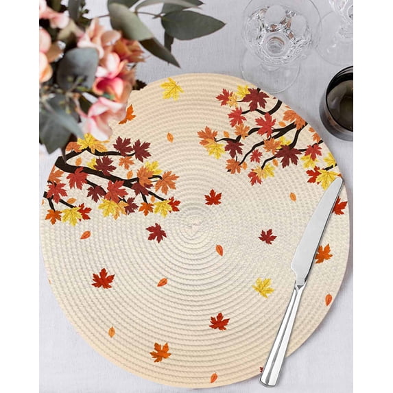 13 Inch Round Placemats Set of 6, Maple Leaf Fall Non Slip Heat Insulation PP Table Mats, Thanksgiving Botanical Branches Washable Place Mats for Kitchen Dining Party Table Decor