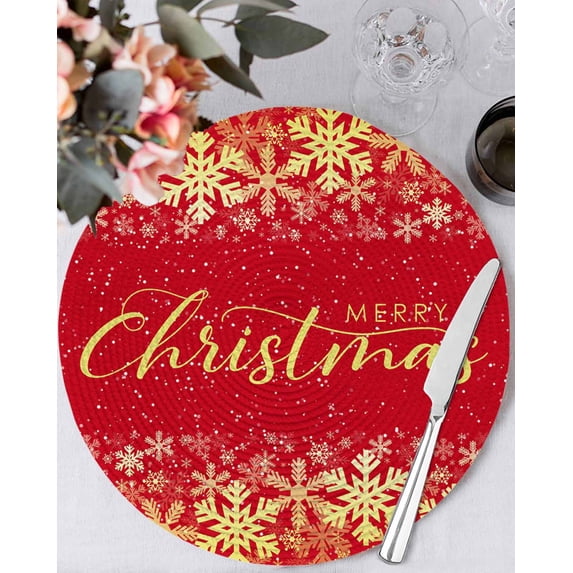 13 Inch Round Placemats Set of 6, Merry Christmas Non Slip Heat Insulation PP Table Mats, Winter Snowflake Xmas Aesthetic Red Washable Place Mats for Kitchen Dining Party Table Decor