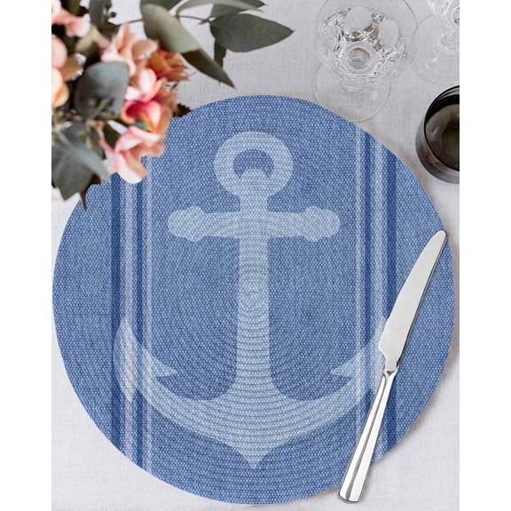 13 Inch Round Placemats Set of 6, Nautical Anchor Non Slip Heat Insulation PP Table Mats, Modern Blue Ocean Abstract Striped Washable Place Mats for Kitchen Dining Party Table Decor