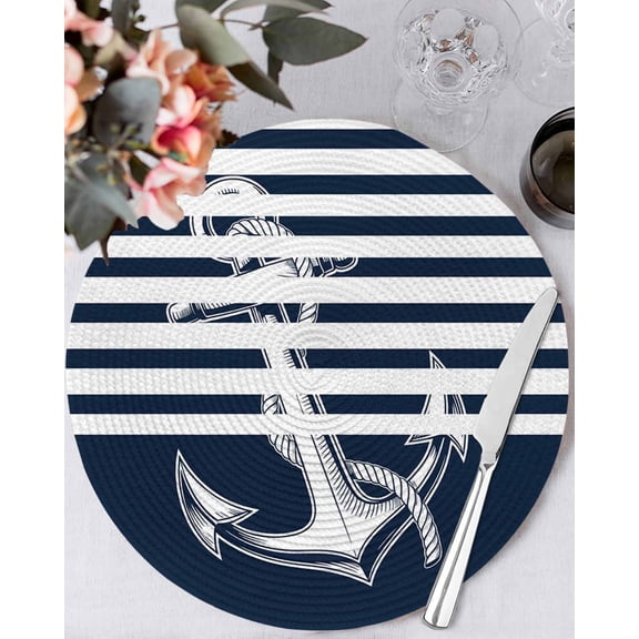 13 Inch Round Placemats Set of 6, Navy Blue Anchor Non Slip Heat Insulation PP Table Mats, Nautical Coastal Abstract Art Washable Place Mats for Kitchen Dining Party Table Decor