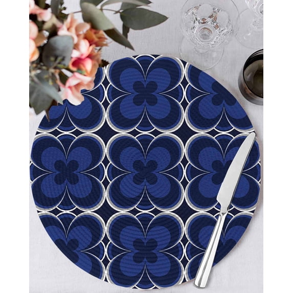 13 Inch Round Placemats Set of 6, Navy Blue Boho Non Slip Heat Insulation PP Table Mats, Farmhouse Abstract Floral Aesthetic Washable Place Mats for Kitchen Dining Party Table Decor