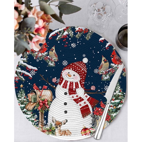 13 Inch Round Placemats Set of 6, Navy Blue Christmas Non Slip Heat Insulation PP Table Mats, Red Snowman Xmas Tree Snowflake Winter Washable Place Mats for Kitchen Dining Party Table Decor