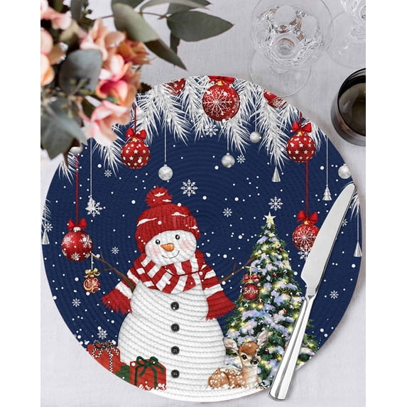 13 Inch Round Placemats Set of 6, Navy Blue Christmas Non Slip Heat Insulation PP Table Mats, Snowman Xmas Balls Pine Needle Tree Washable Place Mats for Kitchen Dining Party Table Decor