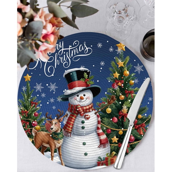 13 Inch Round Placemats Set of 6, Navy Blue Christmas Non Slip Heat Insulation PP Table Mats, Snowman Xmas Tree Snowflake Gifts Elk Washable Place Mats for Kitchen Dining Party Table Decor