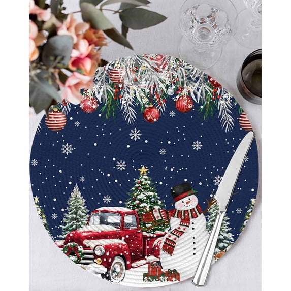 13 Inch Round Placemats Set of 6, Navy Blue Christmas Non Slip Heat Insulation PP Table Mats, Snowman Xmas Truck Balls Tree Washable Place Mats for Kitchen Dining Party Table Decor