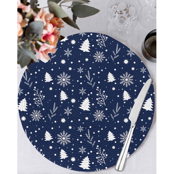 13 Inch Round Placemats Set of 6, Navy Blue Christmas Non Slip Heat Insulation PP Table Mats, Xmas Trees Snowflake Winter Botanical Washable Place Mats for Kitchen Dining Party Table Decor
