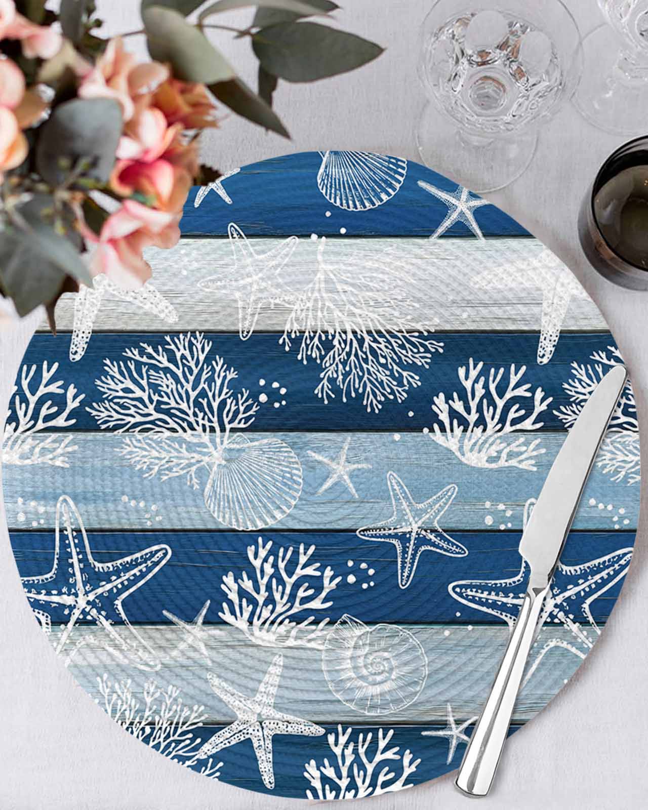 13 Inch Round Placemats Set of 6, Navy Blue Coastal Beach Non Slip Heat ...