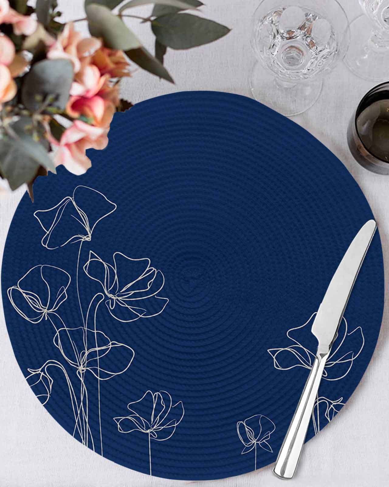 13 Inch Round Placemats Set of 6, Navy Blue Flowers Non Slip Heat ...