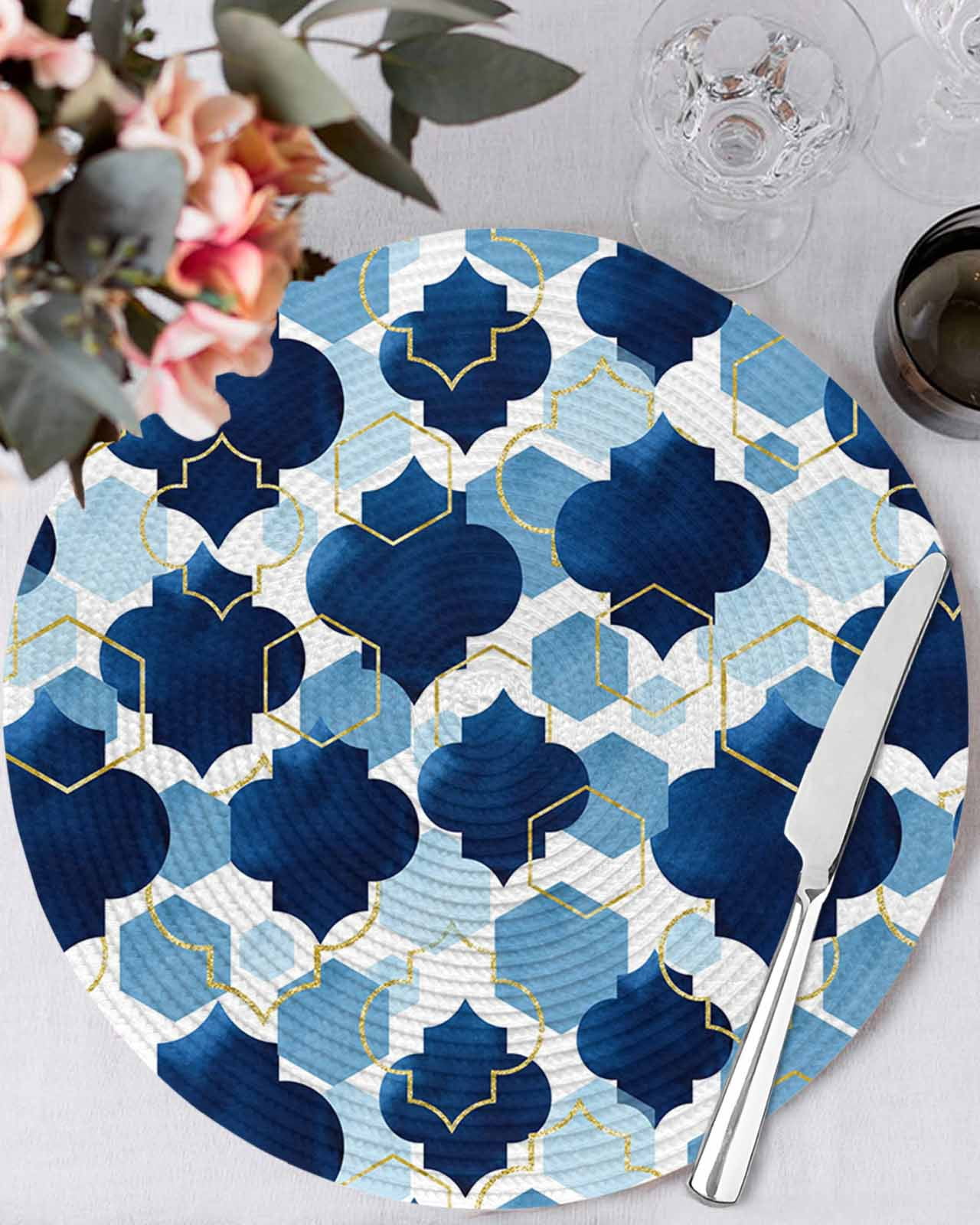 13 Inch Round Placemats Set of 6, Navy Blue Geometric Moroccan Non Slip ...