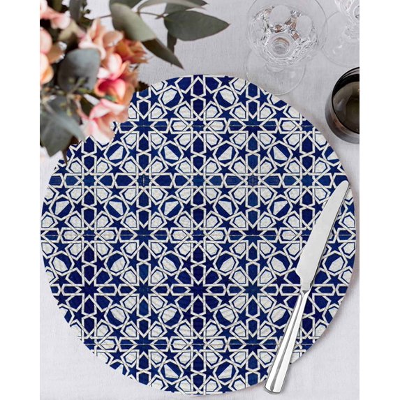 13 Inch Round Placemats Set of 6, Navy Blue Geometric Non Slip Heat Insulation PP Table Mats, Vintage Abstract Art Washable Place Mats for Kitchen Dining Party Table Decor