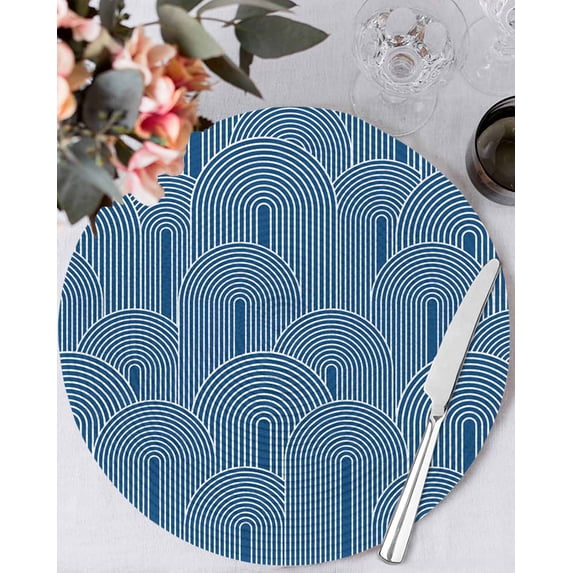 13 Inch Round Placemats Set of 6, Navy Blue Ombre Non Slip Heat Insulation PP Table Mats, Farmhouse Stripes Modern Abstract Art Washable Place Mats for Kitchen Dining Party Table Decor