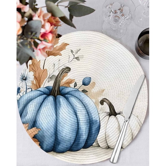 13 Inch Round Placemats Set of 6, Navy Blue Pumpkin Fall Non Slip Heat Insulation PP Table Mats, Thanksgiving Watercolor Botanical Washable Place Mats for Kitchen Dining Party Table Decor
