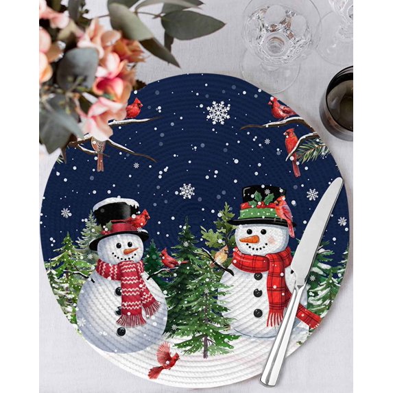 13 Inch Round Placemats Set of 6, Navy Blue Snowman Christmas Non Slip Heat Insulation PP Table Mats, Xmas Tree Snowflake Winter Birds Washable Place Mats for Kitchen Dining Party Table Decor