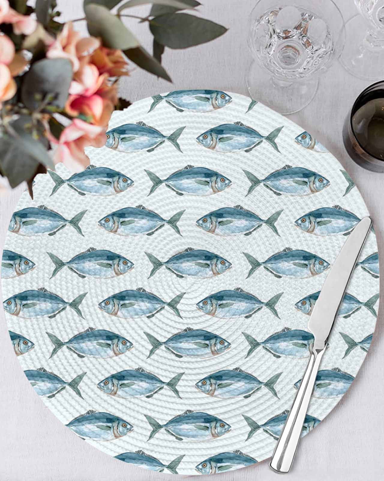 13 Inch Round Placemats Set of 6, Ocean Fishes Non Slip Heat Insulation ...