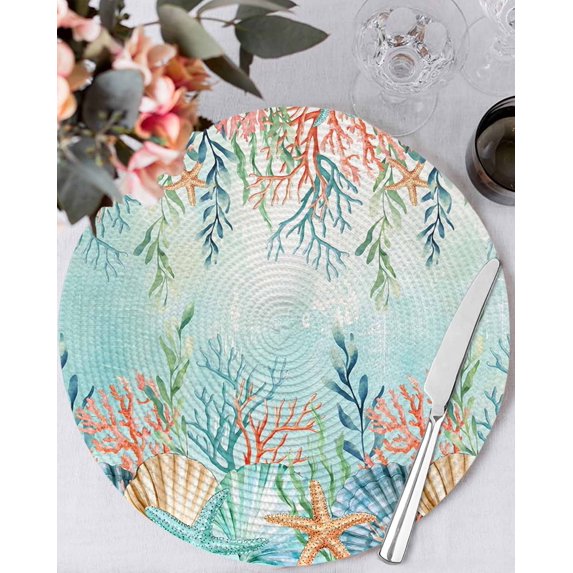 13 Inch Round Placemats Set of 6, Ocean Starfish Seaweed Non Slip Heat Insulation PP Table Mats, Summer Coastal Beach Shell Coral Teal Washable Place Mats for Kitchen Dining Party Table Decor